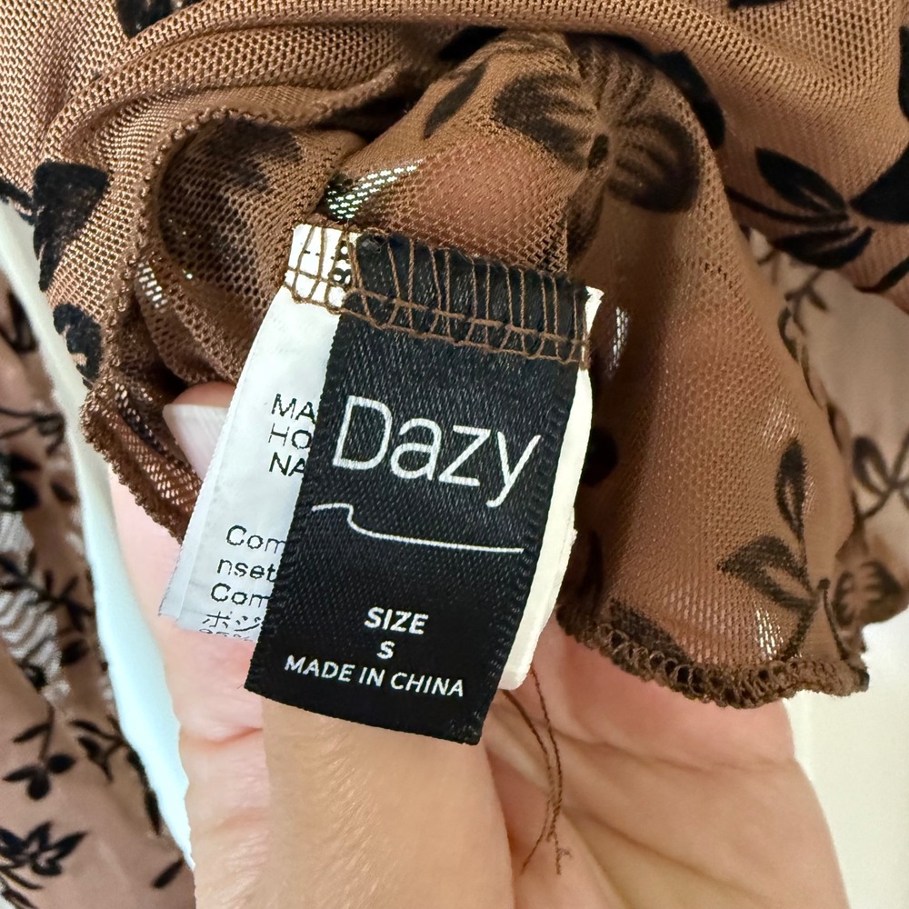 Dazy Mesh Crop Top Womens Size S Brown Black Flocked Floral Mock Neck Exc. y2k‎ - Picture 3 of 7